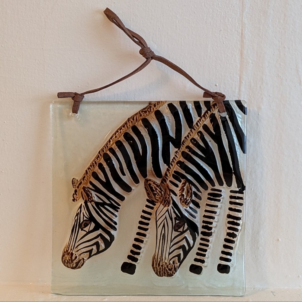 Zebra Safari Wall Art Painted Glass Tile & Leather Strap